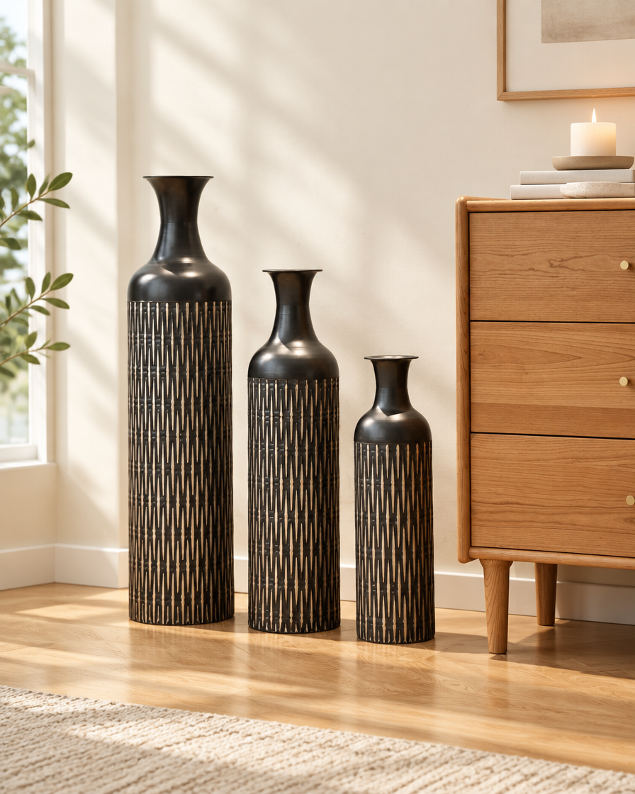 Set of 3 Black Etched Floor Vases beside a console table