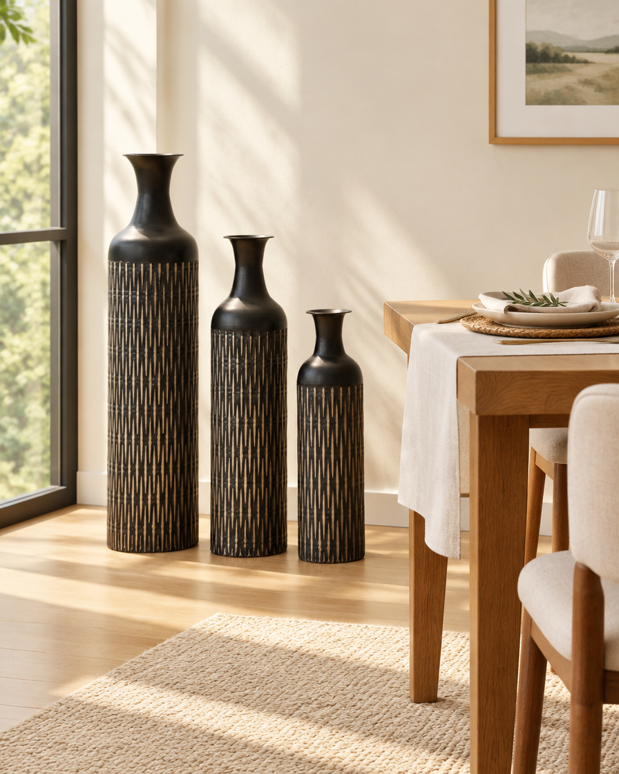 Set of 3 Black Etched Floor Vases in a dining room