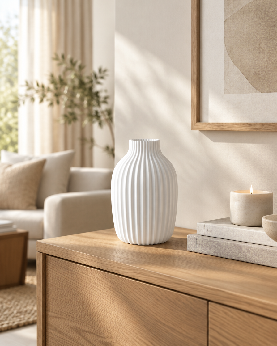 White Fluted Matte Vase on a console table