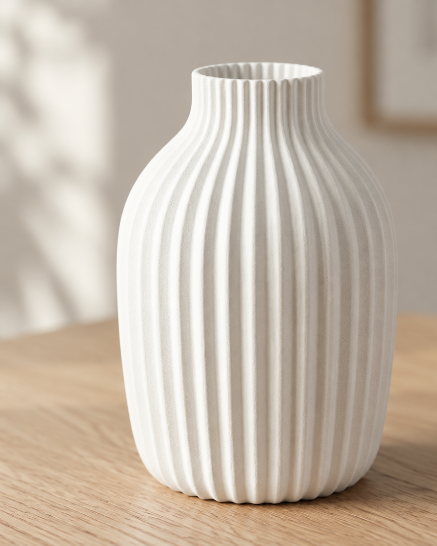 Close-up of the finish of the white fluted matte vase