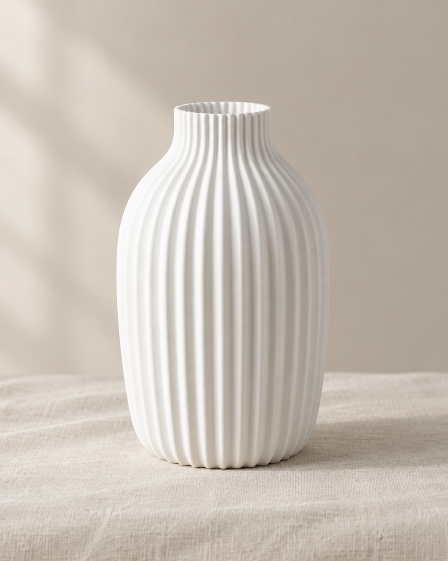 White Fluted Matte Vase, shown alone on a linen background