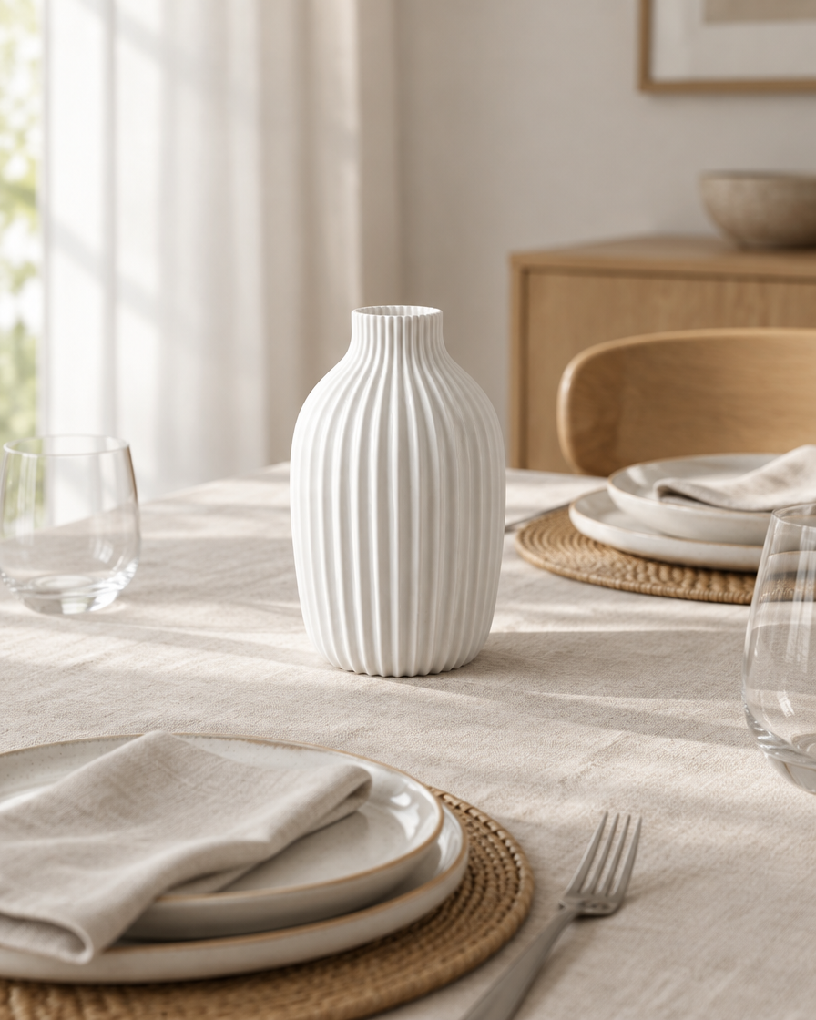 White Fluted Matte Vase on a dining table