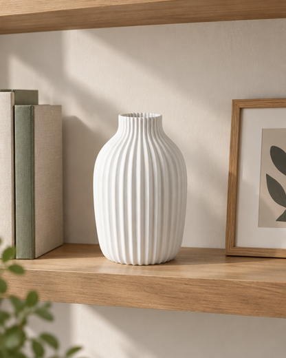 White Fluted Matte Vase on a wooden shelf