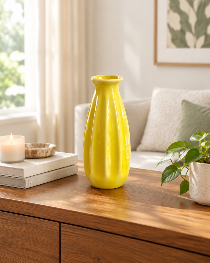 Yellow Ribbed Ceramic Bud Vase on a console table