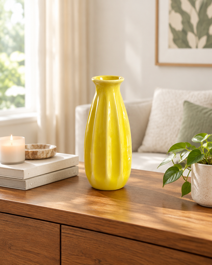 Yellow Ribbed Ceramic Bud Vase on a console table