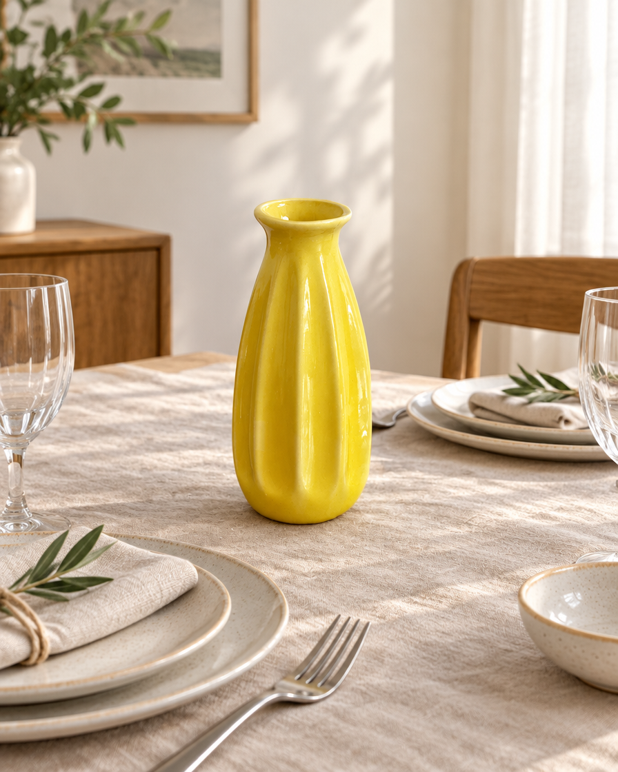 Yellow Ribbed Ceramic Bud Vase on a dining table