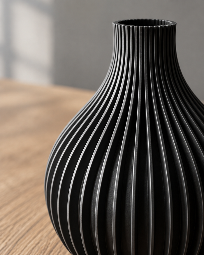 Close-up of the finish of the black ribbed teardrop vase