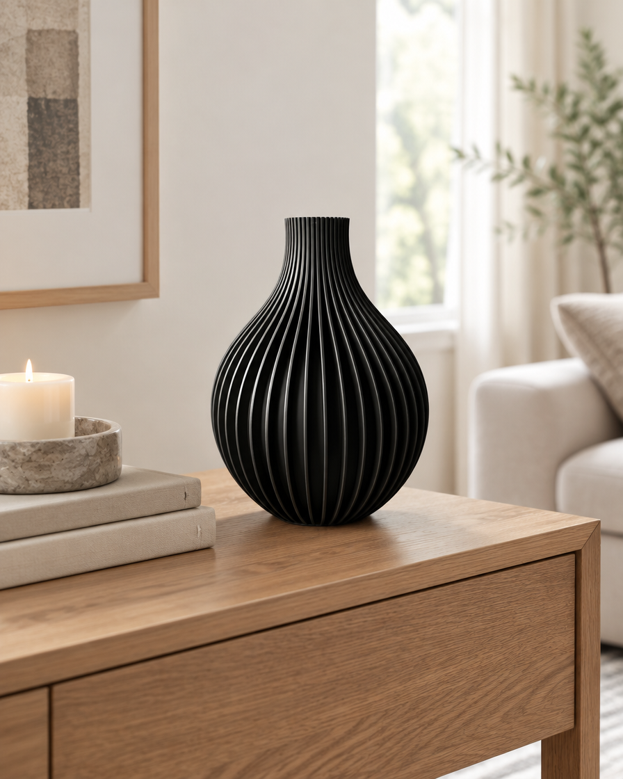 Black Ribbed Teardrop Vase on a console table