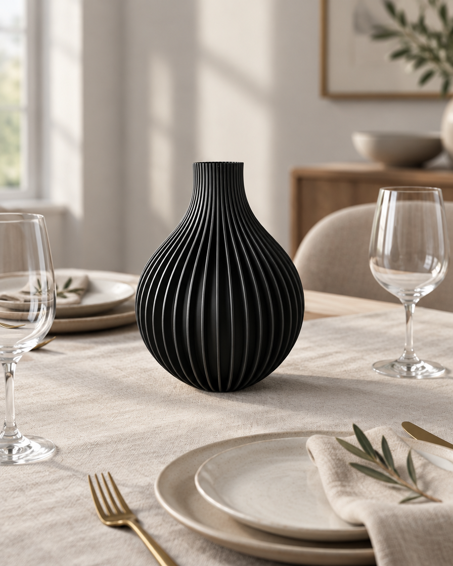 Black Ribbed Teardrop Vase on a dining table
