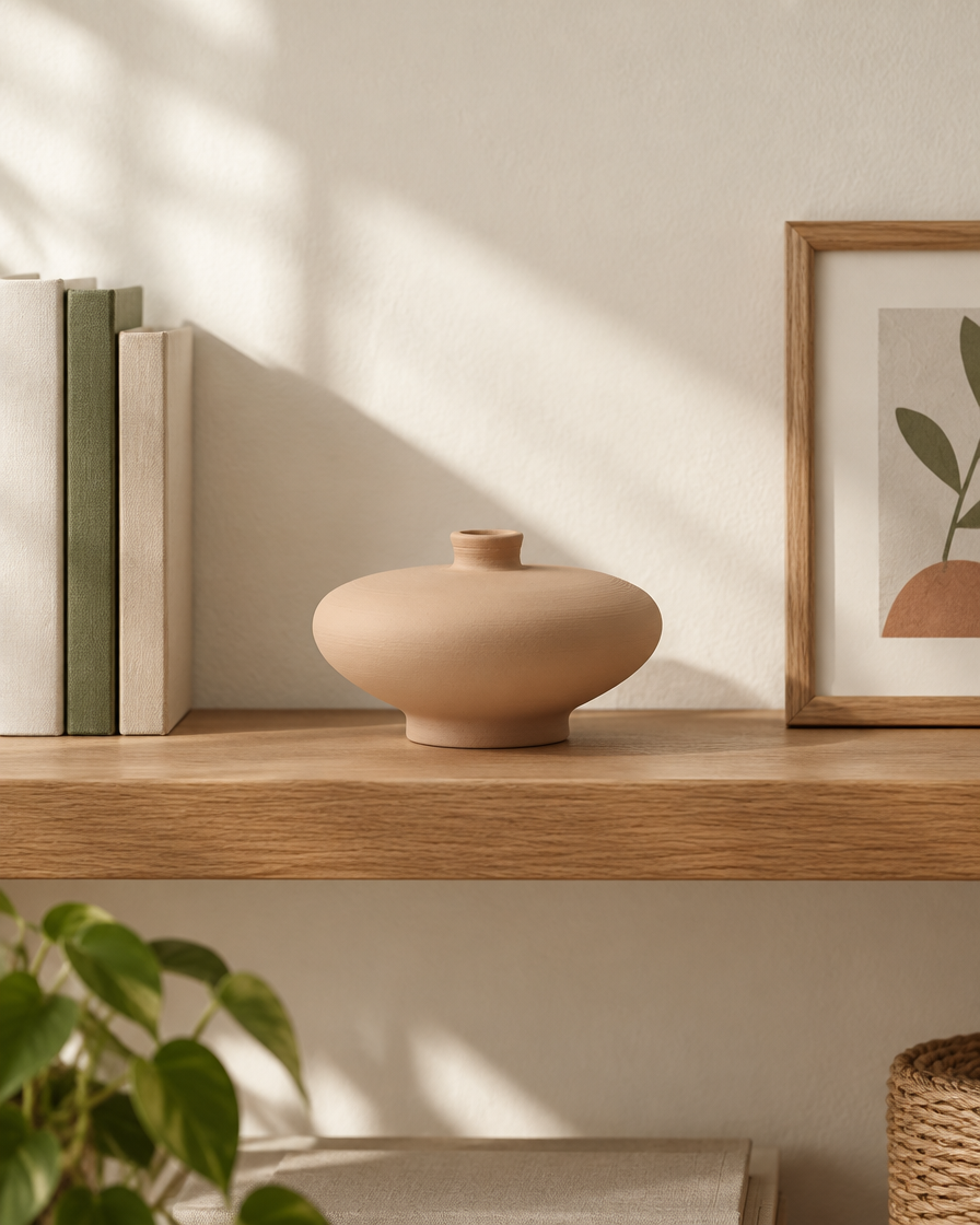 Beige Matte Ceramic Low Round Vase on a wooden shelf