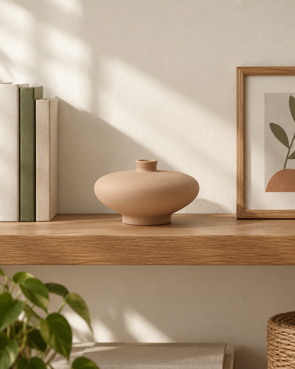 Beige Matte Ceramic Low Round Vase on a wooden shelf