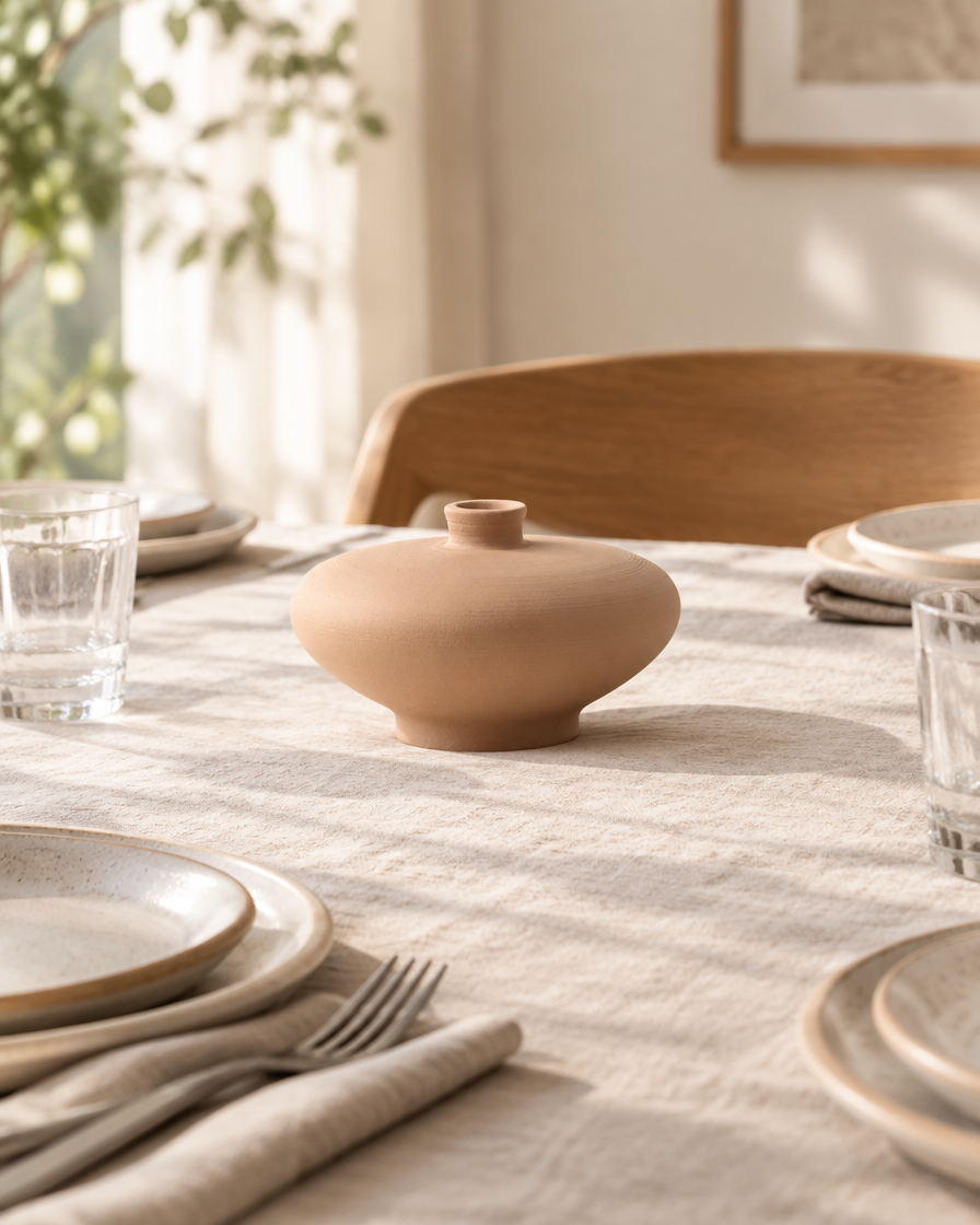 Beige Matte Ceramic Low Round Vase on a dining table