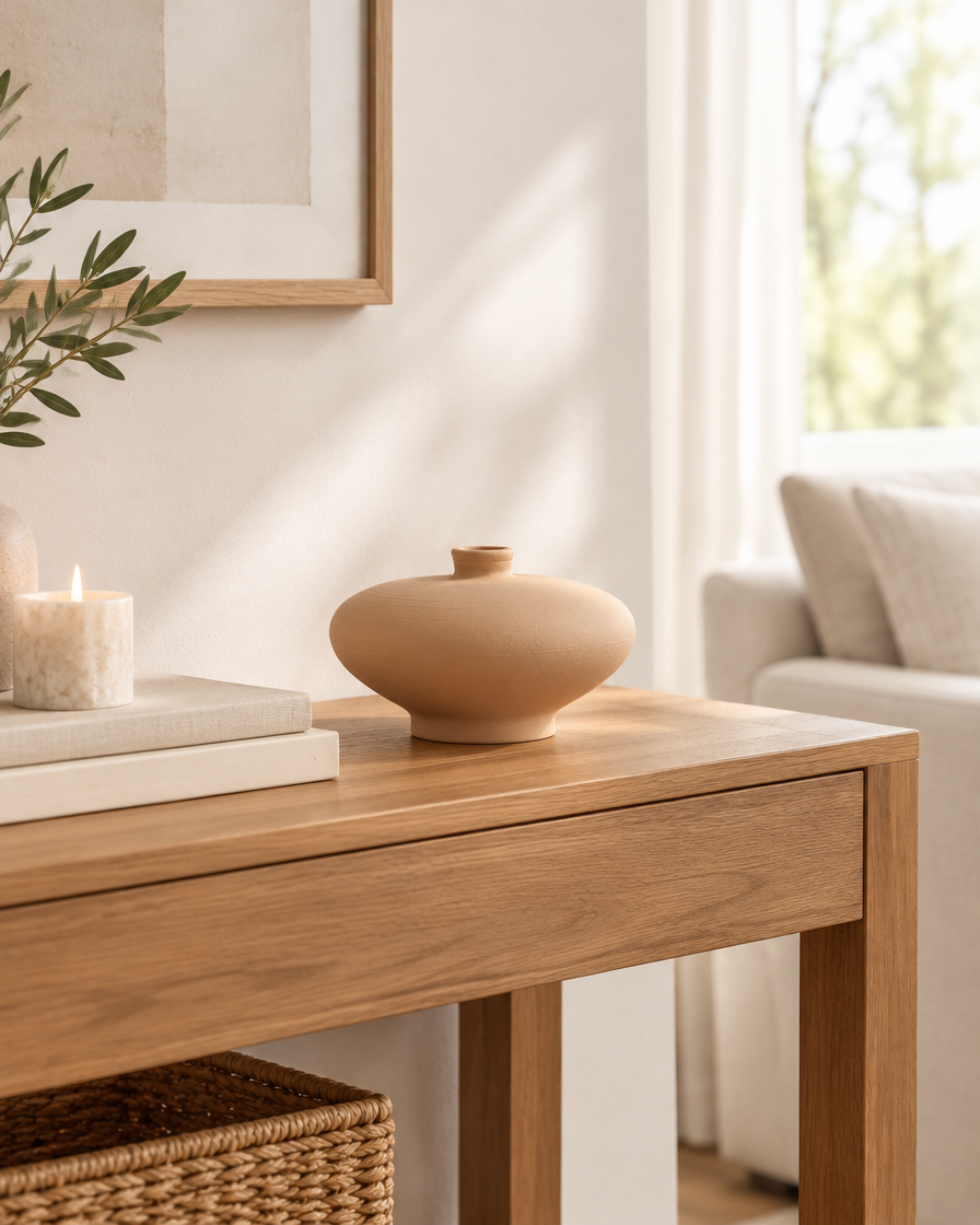 Beige Matte Ceramic Low Round Vase on a console table