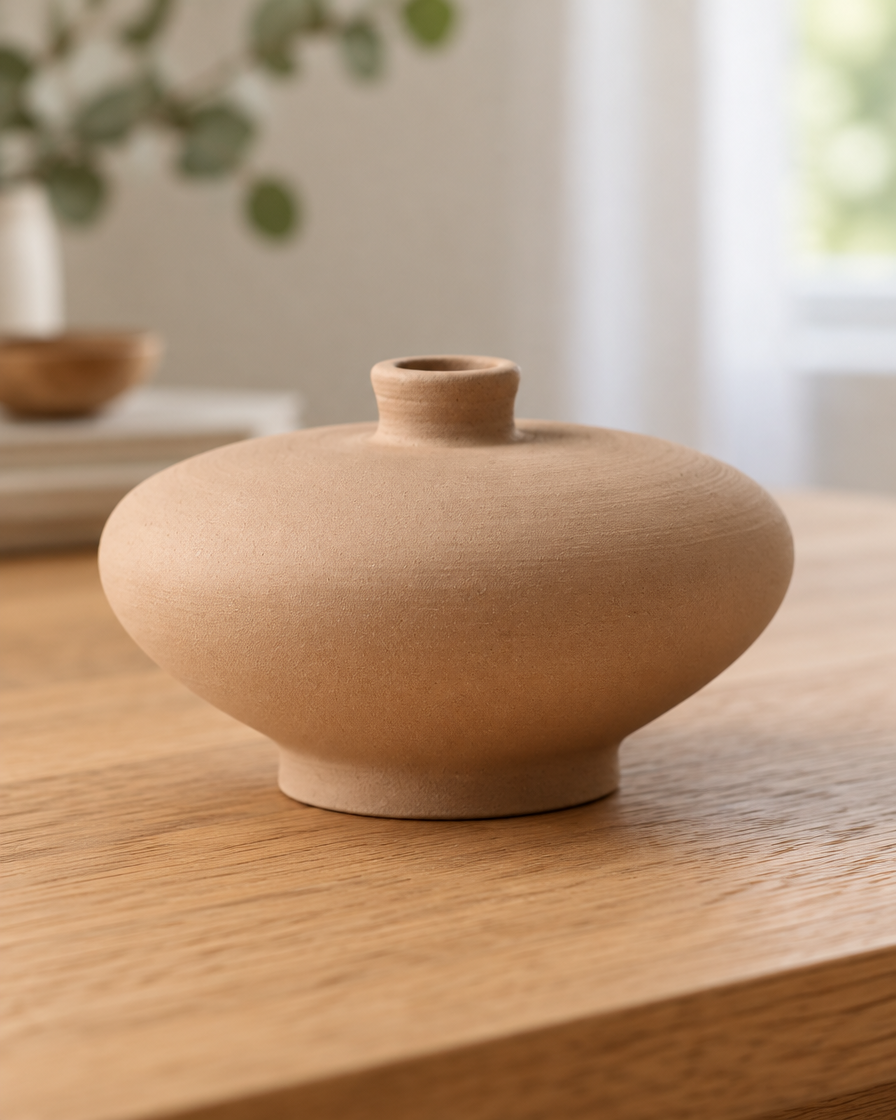 Close-up of the finish of the beige matte ceramic low round vase