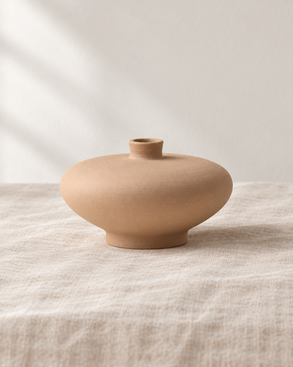 Beige Matte Ceramic Low Round Vase, shown alone on a linen background