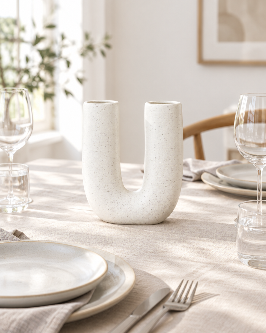 White Ceramic U-Shaped Vase on a dining table