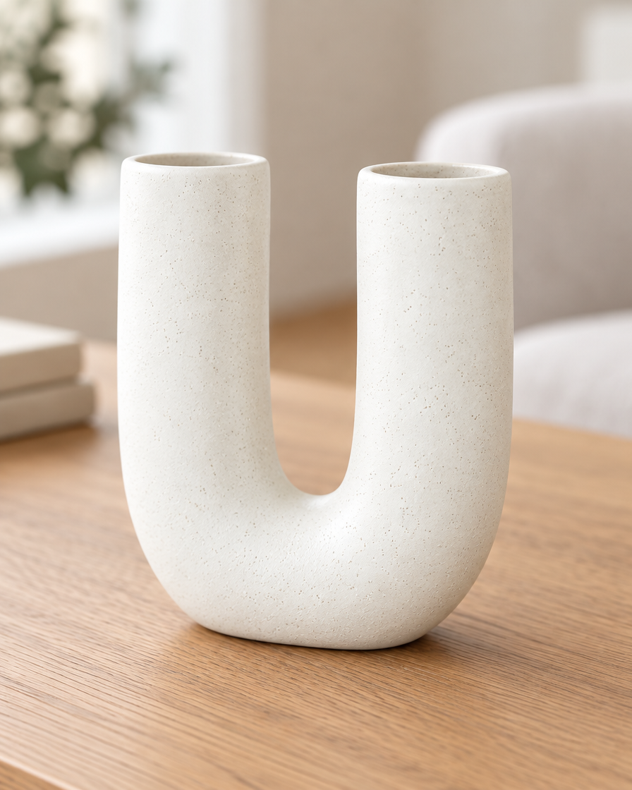 Close-up of the finish of the white ceramic u-shaped vase