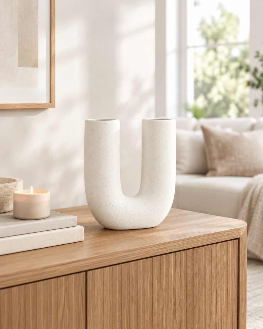 White Ceramic U-Shaped Vase on a console table