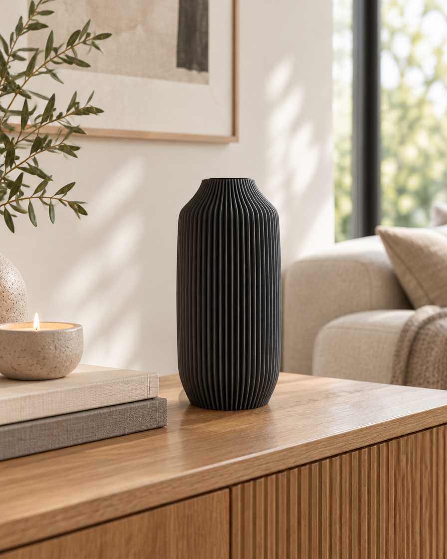 Black Ribbed Matte Cylinder Vase on a console table