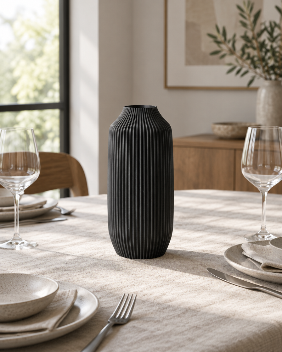 Black Ribbed Matte Cylinder Vase on a dining table