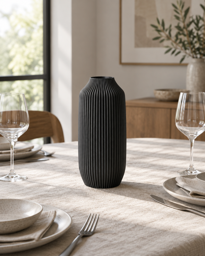 Black Ribbed Matte Cylinder Vase on a dining table