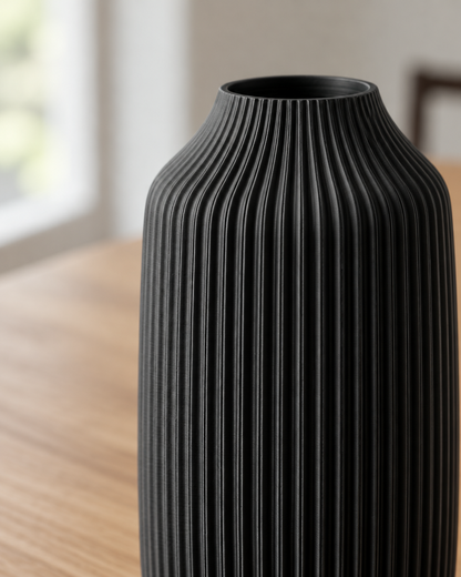 Close-up of the finish of the black ribbed matte cylinder vase