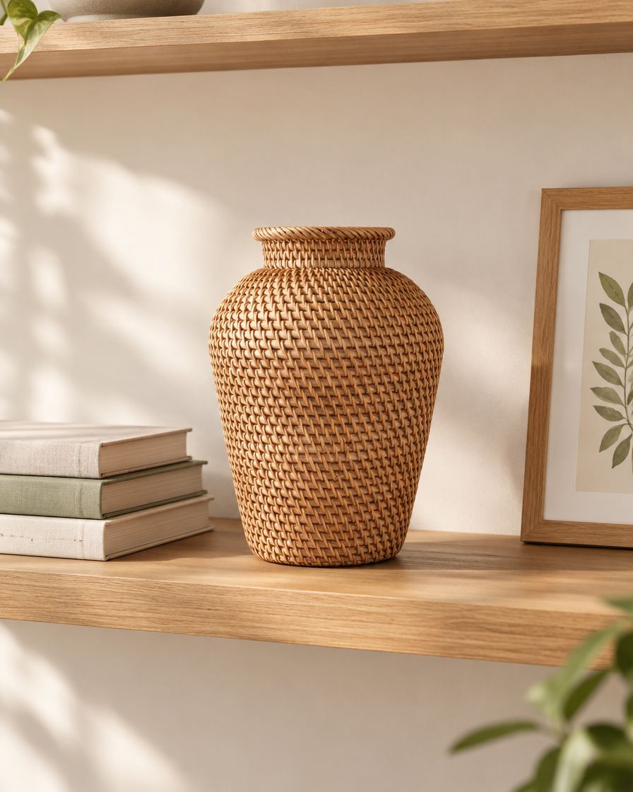 Natural Woven Boho Vase on a wooden shelf