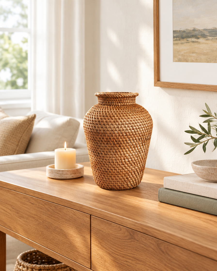 Natural Woven Boho Vase on a console table