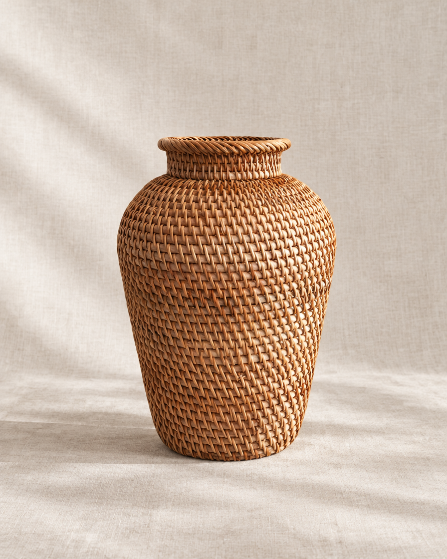 Natural Woven Boho Vase, shown alone on a linen background