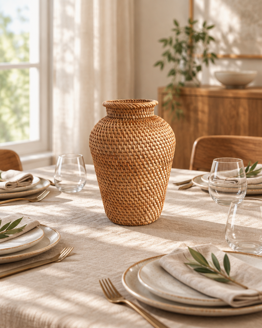 Natural Woven Boho Vase on a dining table