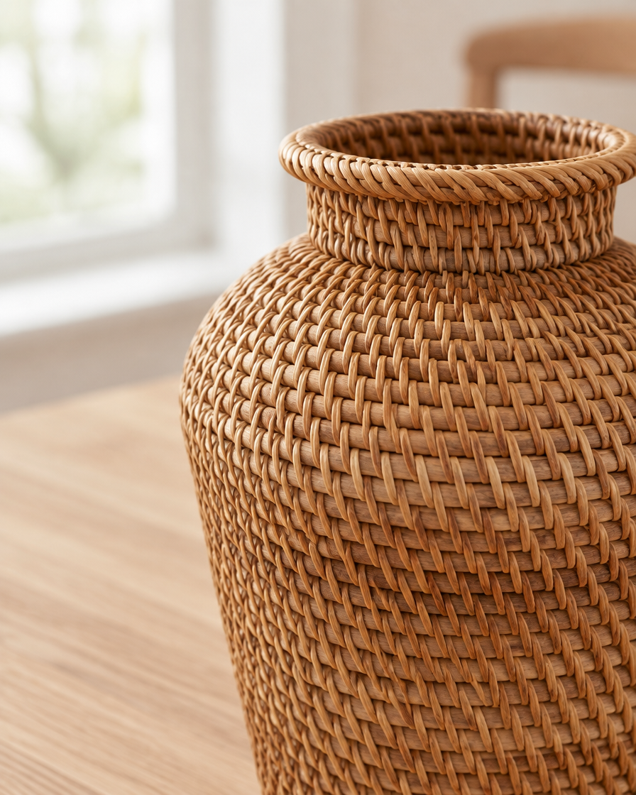 Close-up of the finish of the natural woven boho vase