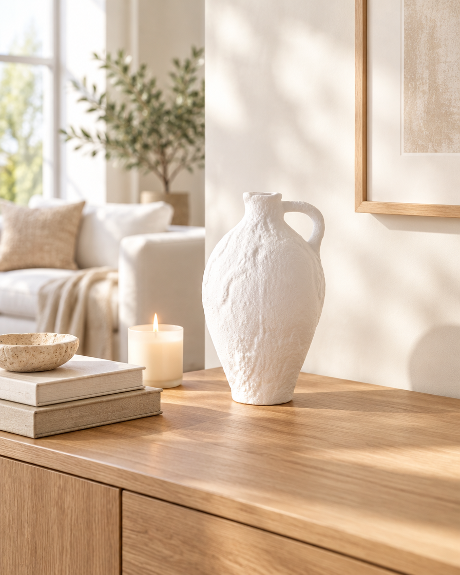White Textured Ceramic Jug Vase with Handle on a console table
