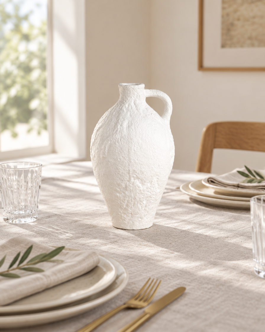 White Textured Ceramic Jug Vase with Handle on a dining table