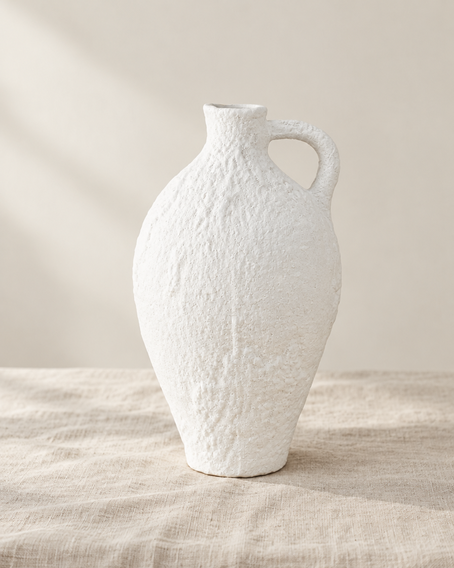 White Textured Ceramic Jug Vase with Handle, shown alone on a linen background