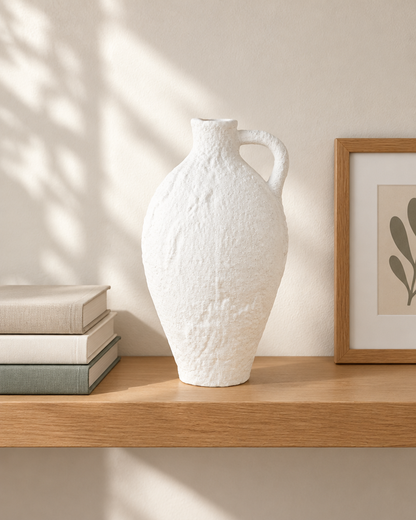 White Textured Ceramic Jug Vase with Handle on a wooden shelf
