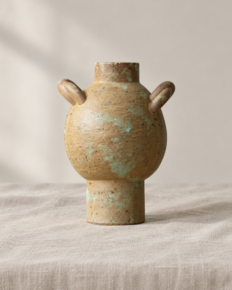 Rustic Weathered Earth-Tone Vase with Two Ear Handles, shown alone on a linen background