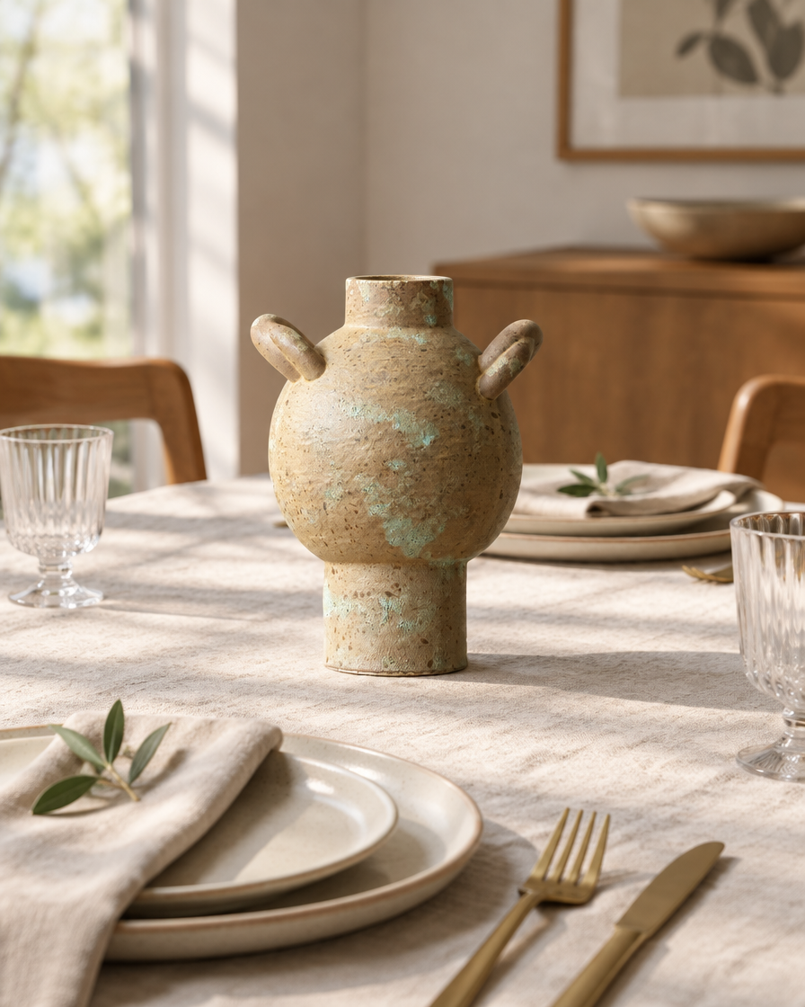 Rustic Weathered Earth-Tone Vase with Two Ear Handles on a dining table