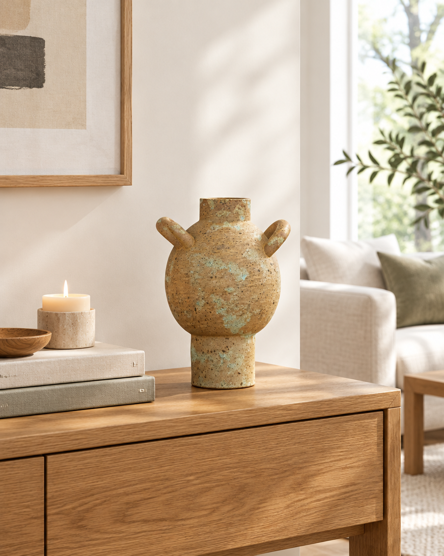 Rustic Weathered Earth-Tone Vase with Two Ear Handles on a console table