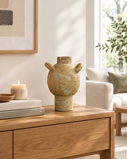 Rustic Weathered Earth-Tone Vase with Two Ear Handles on a console table