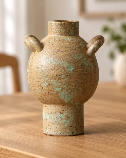 Close-up of the finish of the rustic weathered earth-tone vase with two ear handles