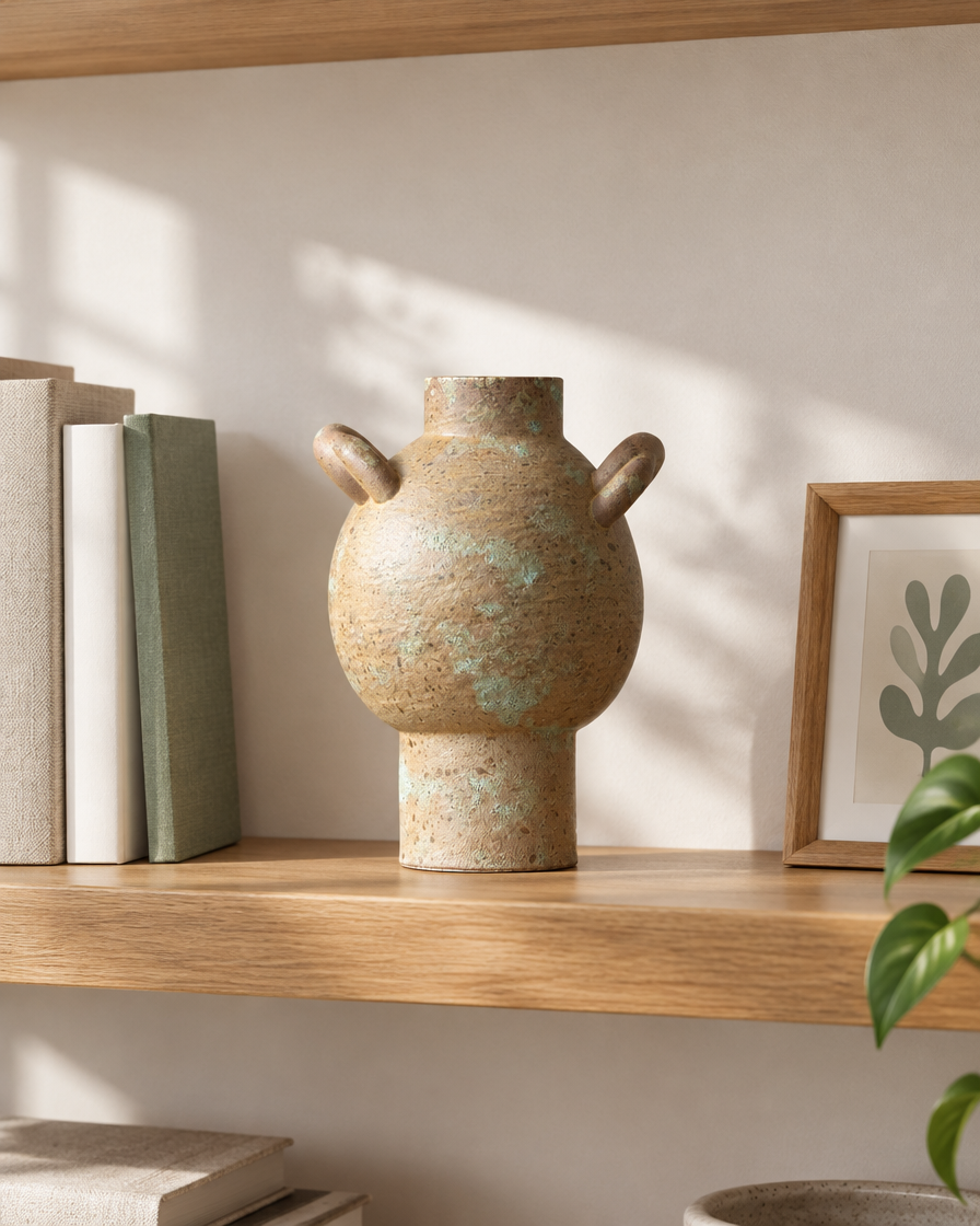 Rustic Weathered Earth-Tone Vase with Two Ear Handles on a wooden shelf