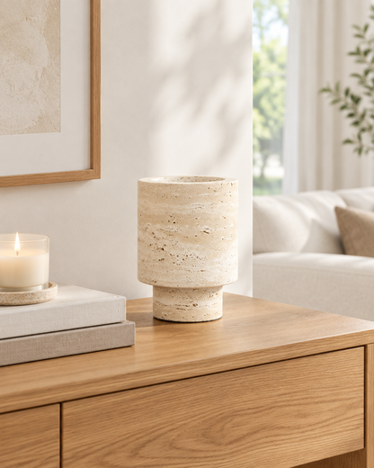 Cream Banded Stone-Look Footed Vase on a console table