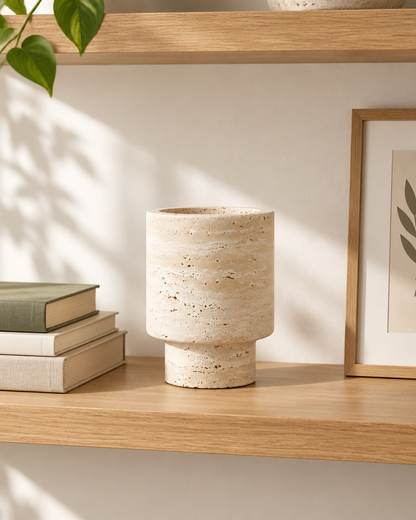 Cream Banded Stone-Look Footed Vase on a wooden shelf