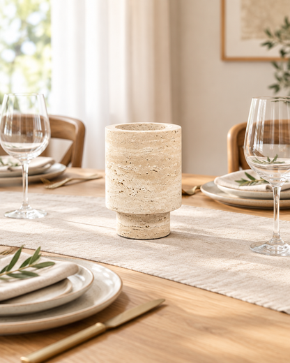 Cream Banded Stone-Look Footed Vase on a dining table