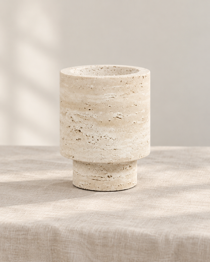 Cream Banded Stone-Look Footed Vase, shown alone on a linen background