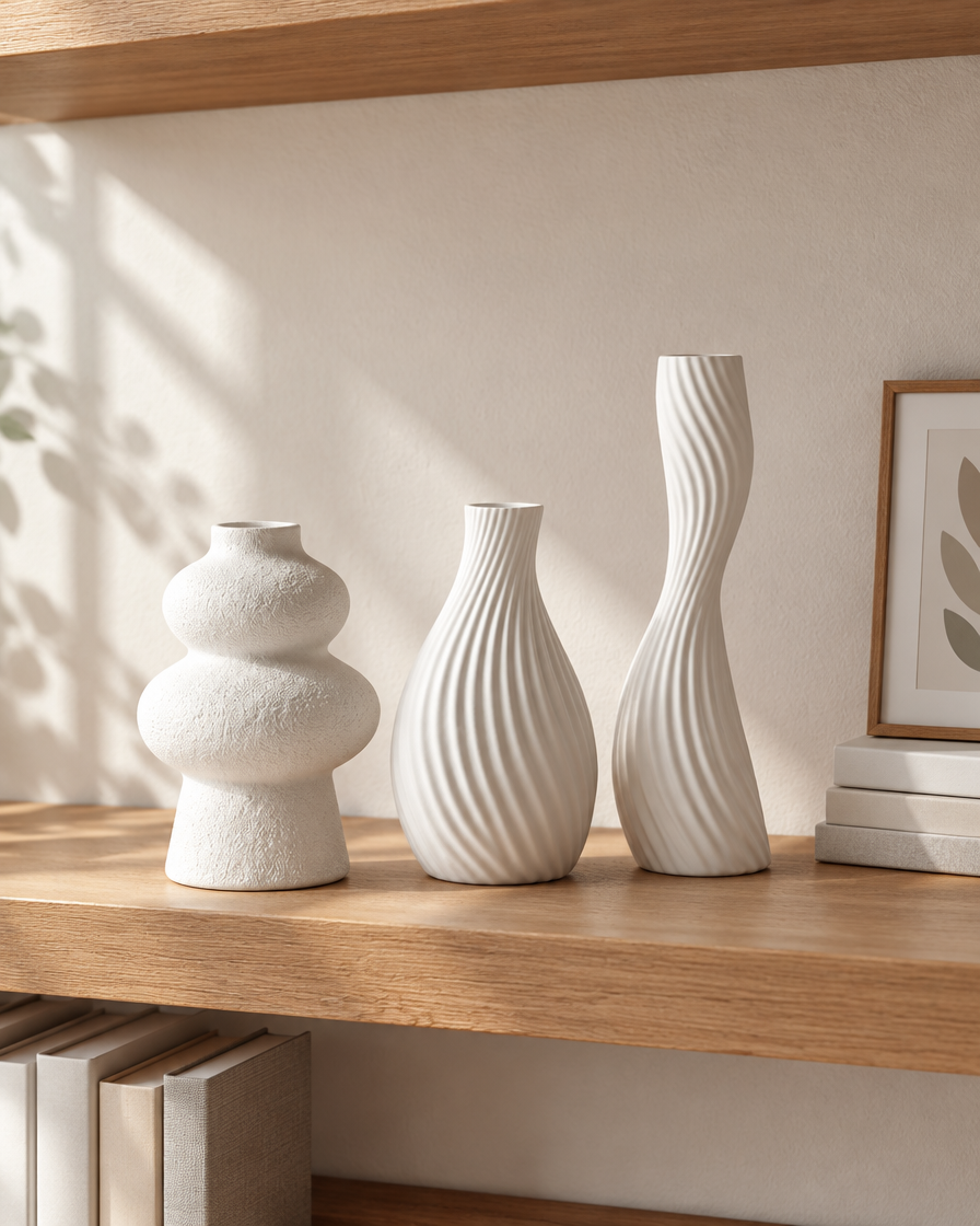 Set of 3 Matte White Sculptural Vases on a wooden shelf