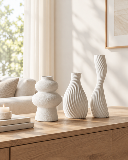 Set of 3 Matte White Sculptural Vases on a console table