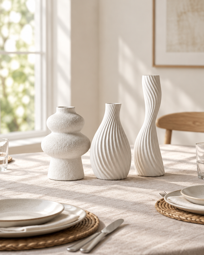 Set of 3 Matte White Sculptural Vases on a dining table