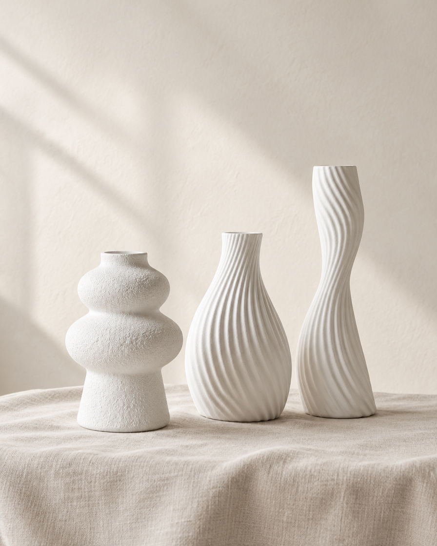 Set of 3 Matte White Sculptural Vases, shown alone on a linen background