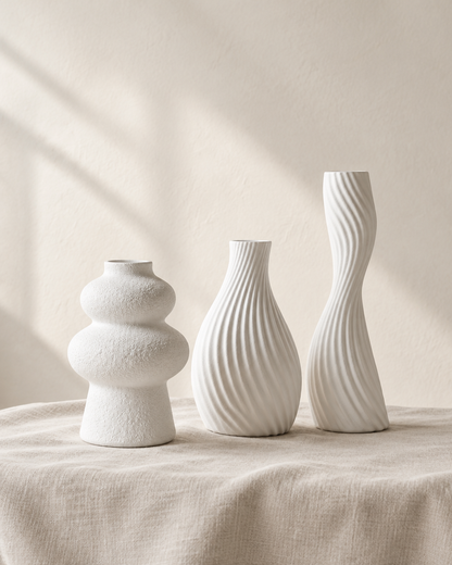 Set of 3 Matte White Sculptural Vases, shown alone on a linen background